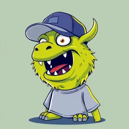 cartoon monster wearing a ballcap and T-shirt on solid color background