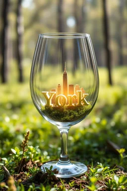 Create hyper-realistic photo of a wine glass in a wild forest. Inside, a miniature [New York] with landmarks. A trasparrent 3D text of [New York] blends naturally into the landscape . Soft bright daylight, reflections, and subtle imperfections like fingerprints. DSLR quality, sharp focus.