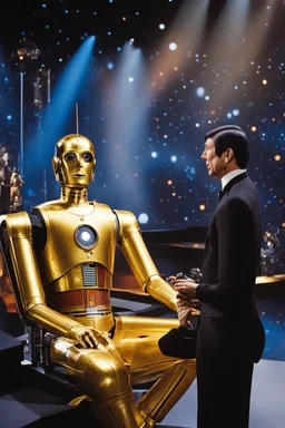 In the vibrant Vulcan late-night TV studio, Spock interviews C3PO. The audience eagerly awaits this collision of minds. Spock acknowledges C3PO's impressive linguistic abilities. C3PO expresses gratitude and finds Spock's presence fascinating. The contrast between logic and eloquence electrifies the atmosphere. Spock questions the purpose of C3PO's vast language database. C3PO explains his role in communication and diplomacy. Spock inquires about C3PO's involvement in galactic adventures. C3PO s