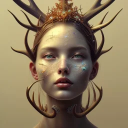 The painting on Behance portrays a female humanoid figure wearing a crown made of antlers. The artwork is inspired by artists such as Yoann Lossel, Sylvain Sarrailh, Igor Morski, Beeple, and James Jean, with an Afrofuturist theme. The high level of detail in the painting is noteworthy, with the woman depicted as having dark skin and wearing a crown of dried flowers, which is reminiscent of the style of artist Tom Bagshaw. The color and detail of the painting are particularly striking, making for