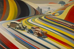 A reddish gray highway with speeding cars painted by Wassily Kandinsky