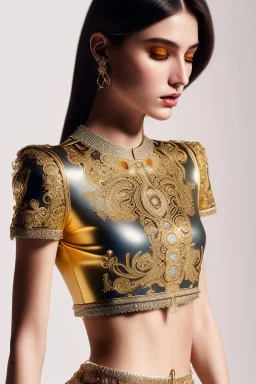 Beautiful perfect Portrait lady, full body shot, full-color long shot skin-tight ornate gold filigree sheer crop top Tshirt and silver leather miniskirt positive space detailed hyperdetailed insane masterpiece picture of the day