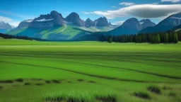 green sloping field near Banff with rocky mountains in the background