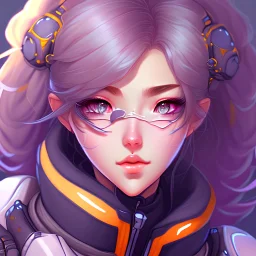 overwatch girl, smooth soft skin, big dreamy eyes, beautiful intricate colored hair, symmetrical, anime wide eyes, soft lighting, detailed face, concept art, digital painting, full head visible