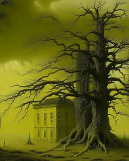 A yellow haunted mansion in a thunderstorm painted by Caspar David Friedrich