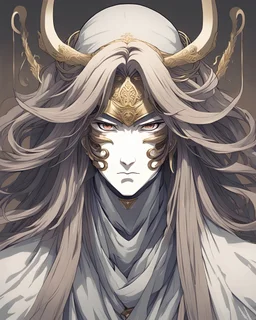 portrait of an anime deity with long hair and eyes hidden behind a mask or cloth (facing right and image length should be till shoulder level)