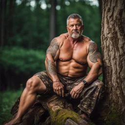 close up photography of an angry 56 years old seated on a tree trunk in the wood, burly strong chubby muscular , big shoulders, manly chest, bulging hunter camouflage trouser , shirtless, hairy , golden hour, tatoo, 35mm lens, f/1.8, accent lighting, global illumination, frontal view from the ground