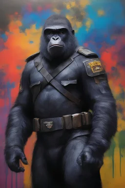 general Aldo the extremely muscular, black gorilla military leader from Planet of the Apes wearing a clean, black leather military uniform, and a black helmet - extremely colorful, multicolored paint splattered wall in the background, oil painting by Leonardo da Vinci