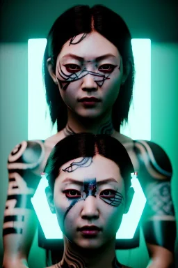 Studio photo portrait, Asian woman samurai, yakuza body tattoos, symmetry photography, cyberpunk, army dress, japanese traditional ornaments, red, white, black, led wires, glow eyes, cinematic, Ultra realistic, wide angle view, soft color, highly detailed, unreal engine 5, RTX, ultra detail, 3d, finely drawn, high definition.