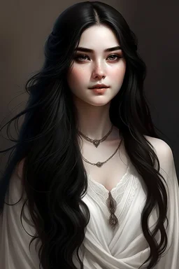 a 16 year old woman, white skin, long wawy black hair, beautiful round face, black eyes, round body, in a white dress, realistic epic fantasy style