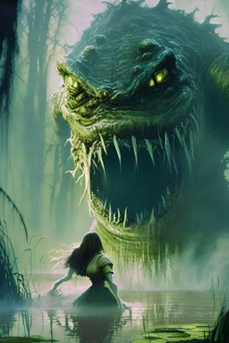 gigantic swamp monster capturing a woman