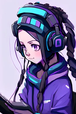 A girl sitting in front of a tablet, with her hair tied in a ponytail. She has deep brown hair with light purple and dark purplish-blue highlights on the left side. Her pupils are brown, and she has a slightly chubby figure. She is wearing a futuristic cap and a black. On her head are black earmuff-style headphones with fluorescent blue light strips decorating them. She is sitting in a highly technological room in a cyberpunk-style city