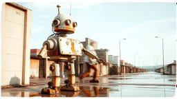 double exposure photo of urban decay and dancing crazy rusty scrappy robot, pseudo photo-realism, negative space, amazing reflections, excellent parallels, great verticals, juxtaposition shock, wet print, ink leak, colors of light sky blue and beige and black