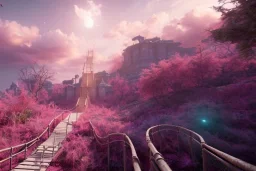 mystical long stairway up to heaven in the sky, atmospheric pink mist, beautiful colours, fine art, trending on artstation, masterpiece