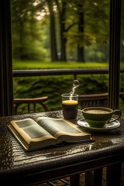 coffee on table and its raining heavily outisde, trees and old lamp mist books