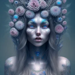 perfect long-haired woman, perfect eyes, full face tattoo of flower art and trees extending past face and morphing into galaxy, 8k resolution, high-quality, fine-detail, intricate, digital art, volumetric lighting