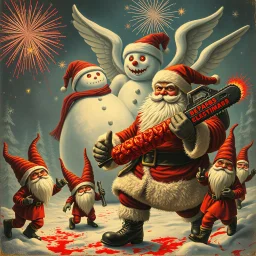 there is no kebabs at christmas, evil Santa, evil gnomes running around, staring flaming eyes, evil Rudolf, very big evil melting angry Frosty the snowman in background, kebabs and kebab, 1940 christmas postcard, blood stains, Flying angel Cherubs, Santa holding a chainsaw, fireworks