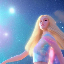 Full body with legs and feet white woman with legs, long blond hair, blue eyes, pink and blue dress in a galactic ambiance, delicate colors in the foreground, full of face details, smooth, light effect，vaporwave colorful, smooth, extremely sharp detail, finely tuned detail, ultra high definition, 8 k, unreal engine 5, ultra sharp focus