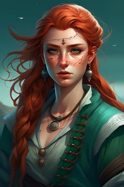 portrait; dungeons and dragons; human; female; pirate; the fathomless; red hair; braids; tan skin; sea blue eyes; young; ocean; sea clothes; kelpie