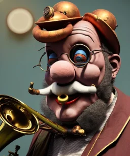 mechanoid old friendly fat clown with trimmed beard playing jazz with a steampunk theme, trumpet, realistic