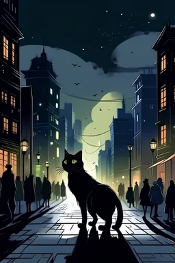 رسمة من نوع digital art لقط أسود يسير في مدينة في الليل تحت ضوء القمر وتحت أضواء المدينة الملونة في وسط الناس حيث أن المدينة مكتضة بالناس