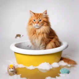 A red fluffy cat sitting in a bathtub filled with water with lots of bath foam and a small grey mouse in its hand. On the floor lies a yellow bath sponge in a small puddle of water. Everything on a white background to be removed.