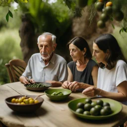 family sitting around a table with black and green olives in a natural setting