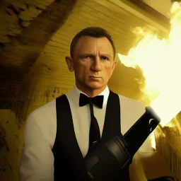 James bond,portriate,heroic,ultrarealistic, fiverr,unreal engine, cinamatic,fight sceen,lighting,"saving a woman",fire