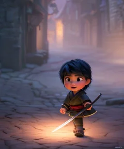 little boy samurai. shadows, Brent Weeks, Night Angel, cobblestone street alley, highly detailed, hyper-detailed, beautifully color-coded, insane details, intricate details, beautifully color graded, Cinematic, Color Grading, Editorial Photography, Depth of Field, DOF, Tilt Blur, White Balance, 32k, Super-Resolution, Megapixel, ProPhoto RGB, VR, Halfrear Lighting, Backlight, non photorealistic rendering