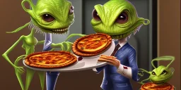 two aliens in New York eating pizza