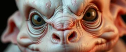 close up portrait with smooth grainy skin fine pores and real skin texture, clear transparent skin, wise eyes, hairy macho kobold disco albino limbo