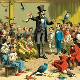 A magician stands in front of a group of children who sit in front of him on a mat on the floor and pulls out a rabbit from a top hat, the children look open-mouthed and wide-eyed and clap their hands, in the background a parrot stands on a pole and observes what is happening