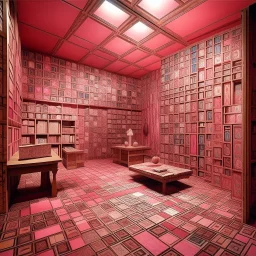 A pink magical library with telekinetic books designed in ancient Greek mosaics painted by Paul Klee
