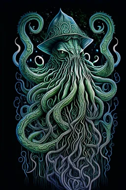 A mesmerizing realistic artwork design featuring a full-body representation of Cthulhu, the ancient cosmic entity. The design encapsulates the essence of Cthulhu's otherworldly nature, with intricate linework and breathtaking details. Cthulhu stands tall, its numerous tentacles undulating around its body. The artwork includes a distinctive hat, adding a touch of regality to the creature's formidable presence. With a resolution of 8K, this artwork achieves unprecedented clarity and realism, allo