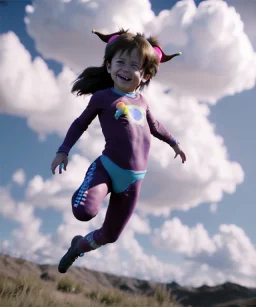 Ultra realistic clouds sky scene, medium shot view, portrait, sweet Childs, free jumping flying, trinkets, monster hair, jelly beans, balls, smile, happy, Peter Pan style, inflatable color clothing, extreme, wind, clouds sea, 20,000 feet altitude, stratosphere, soft color, highly detailed, unreal engine 5, ray tracing, RTX, lumen lighting, ultra detail, volumetric lighting, 3d, finely drawn, high definition, high resolution.