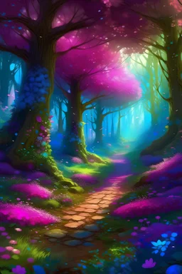 A sparkling forest path is seen running through the middle of the forest, with huge trees filled with bright pink, violet and blue leaves. Very small, writhing globules rising from plants The story begins in an amazing magical forest with huge, sparkling trees and bright flowers dancing in the breeze.
