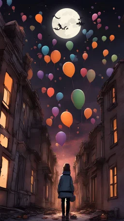 A scene in an abandoned, Halloween street and a sky full of big, cosmic balloons