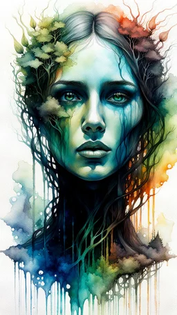 Zdzislaw Beksinski, and Peter Gric style ink wash and watercolours , full body illustration of a beautiful young girl , highly detailed facial features, mixed to anatomical portrait view, visible plant like skeletal structure, wildly flowing splash colours , 8k octane, all in focus, clean , no grain, ethereal, otherworldly concept art in vibrant natural colors , do not include her face , it should be clean , make the neck shorter