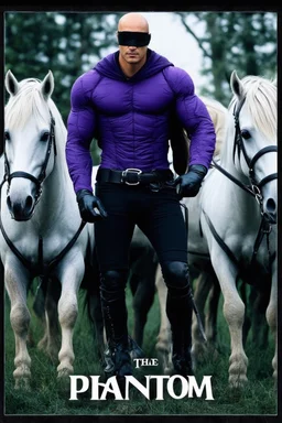 Movie Poster - ((("THE PHANTOM"))), extremely thick, muscular, 6'6'' 18-year-old Billy Zane with extremely exaggerated muscles as the Phantom, long-sleeved, textured, padded purple cotton bodysuit with skintight, formfitting textured purple cotton cowl with ((black eye mask)) and widow peak, black gloves and wrist gauntlets, black boots, double holstered utility belt, skull-shaped belt buckle, glowing, white eyes, standing next to his white horses, captured in a breath-taking explosion of color,