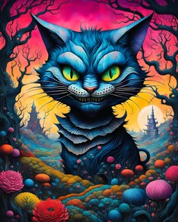 ink oil portrait of Evil Cheshire Cat Alice, in a surreal Wonderland landscape with trees of strange shapes, and flowers of all kinds in the style of Max Ernst, Yves Tanguy, Zdzislaw Beksinski, and Ravi Zupa, highly detailed hair and facial features, in vibrant chromatic colors