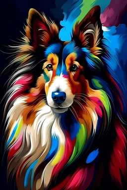 An art for a cute happy sheltie dog, detailed, ten different colors, painted