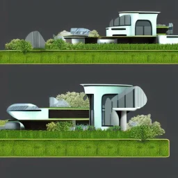 Futuristic house section, section drawing, collage landscape