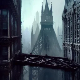 Gothic bridges between building,Bridges on rooftops, Gotham city,Neogothic architecture, by Jeremy mann, point perspective,intricate detail