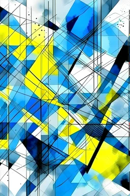 in abstract style blue and yellow in a watercolor geometrical shapes crossed by black lines on gray background