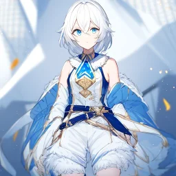 Clear focus, High resolution, rough line sketch art, short fluffy white hair, hair between eyes, fluffy hair, blue eyes, wearing a sleeveless shirt, wearing shorts, detailed outfit, lots of details, bow on belt, white belt, white and blue everywhere on outfit, cut sleeve, yellow chains around outfit