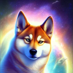 third eye ascension shiba inu doge with heaven glowing aura Q anon far away galaxy