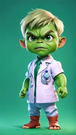 Little baby hulk, full portrait looking at the camera realistically, dressed as a doctor, bright colors make octane popular on artstation, solid color background wall, beautiful, cute, 3D rendering, cute pixar, inspired by Du Qiong, blond boy, Andrew Dixon, realistic, 3D, anime style, well shaded, smooth, Pixar.