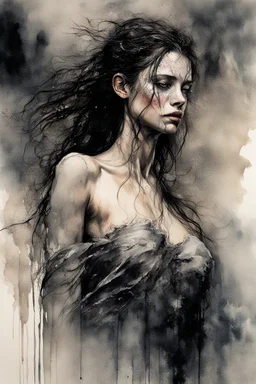 Hyper-photorealistic watercolor art style by Agnes Cecile, Surreal fine art etching of a figure by Luis Royo, tanned skin inscribed with the transient story of mortality, ethereal light playing with its form whispering tales of an eternal realm, eyes, black as the depths of the night, ardently pinand looking towards the endless skies, a crown of black hair mirroring the mystery of the cosmos around, whole scene tinged with an ethereal softness from volumetric lighting, hues gr,