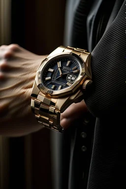 Generate an image of an Audemars Piguet gold watch on a wrist, emphasizing how it complements a person's style and adds a touch of sophistication.
