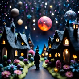 Detailed, people, street made of modeling clay and felt, village, stars, galaxy and planets, black sun, volumetric light, ZBrush, Max Ernst, flowers, naïve, Tim Burton, strong texture, extreme detail, Yves Tanguy, decal, rich moody colors, sparkles, Harry Potter, bokeh, odd